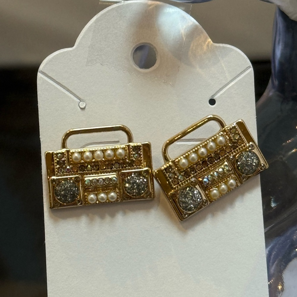 Gold, Rhinestone, and Pearl Boombox Earrings